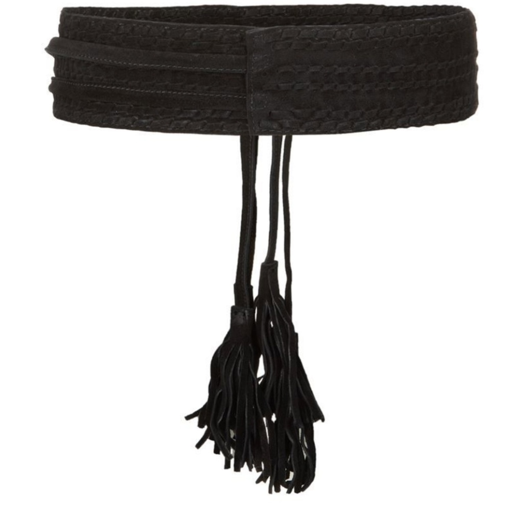 MAJE BLACK ANOUSHKA Wide Suede Belt Pompoms Tassel